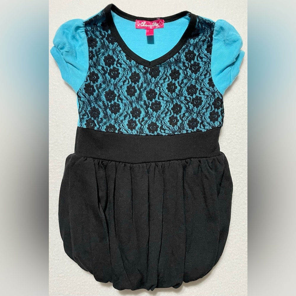 Cherry Stix Girls Bubble Blouse Toddler Size L 4T Sky Blue W/Black Lace